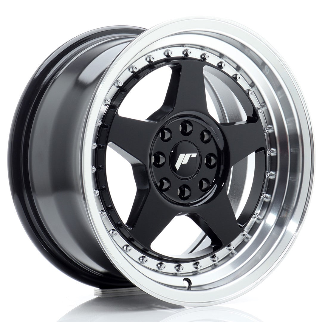 JR6 16x8 ET25 4x100, 4x108 glanzend zwarte bewerkte rand