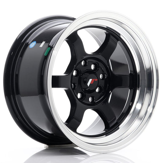 JR12 15x8.5 ET13 4x100, 4x114.3 lèvre usinée noire brillante
